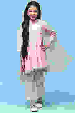 Pink Schiffli Cotton Flared Kurta With Palazzo & Net Dupatta image number 0