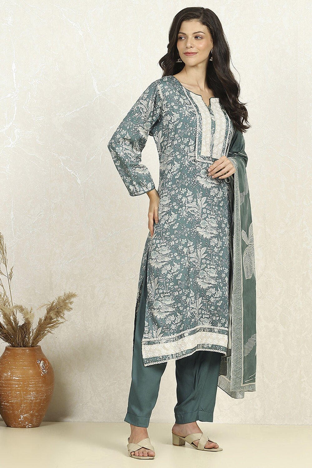Purple Cotton Floral Printed Unstitched Suit Set image number 6