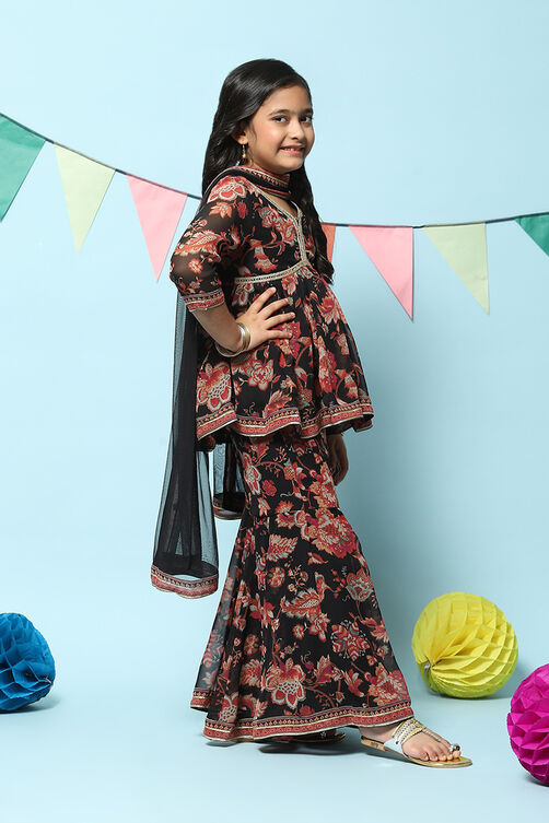 Black Polyester Gathered Printed Kurta Garara Suit Set image number 2