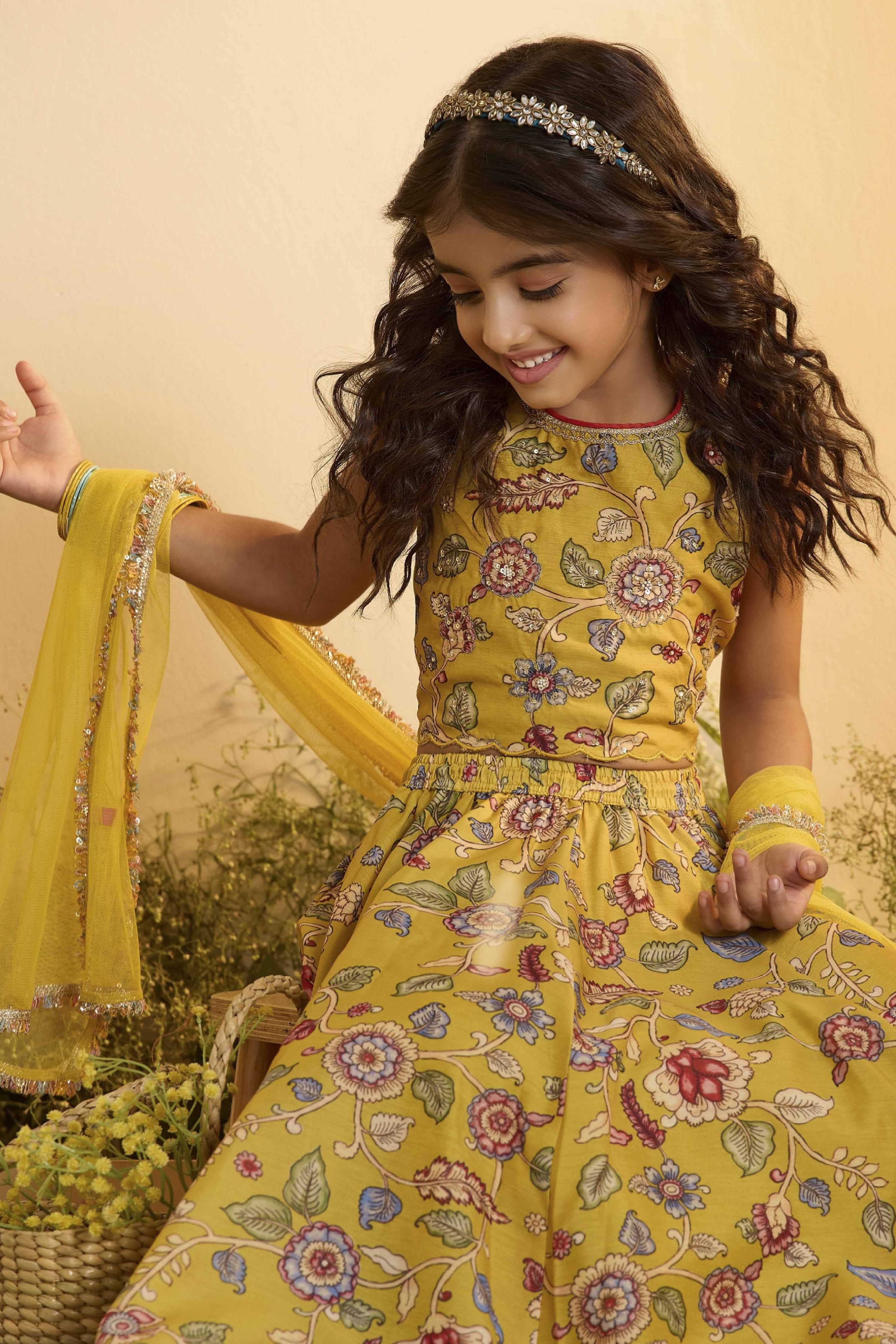 Mustard Yellow Floral Flared Lehenga Set image number 1