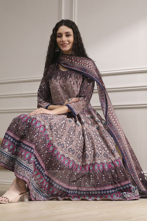 Lilac Cotton Printed Anarkali Suit Set image number 0