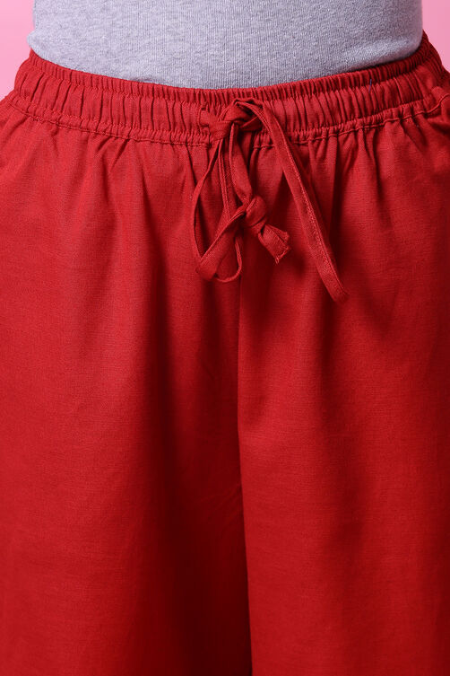Red Cotton Flax Straight Kurta Pants Set image number 2