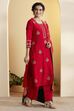 Red Poly Viscose Floral Design Straight Kurta Set image number 4