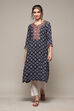 Navy LIVA Straight Printed Kurta image number 5