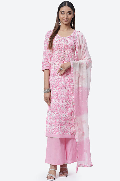 Pink Cotton Screen Print Unstitched Suit Set image number 0