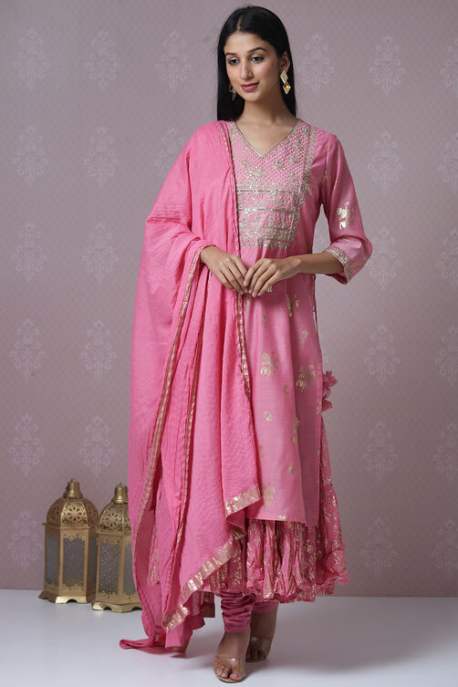 Pink Art Silk Double Layered Kurta Churidar Suit Set image number 6