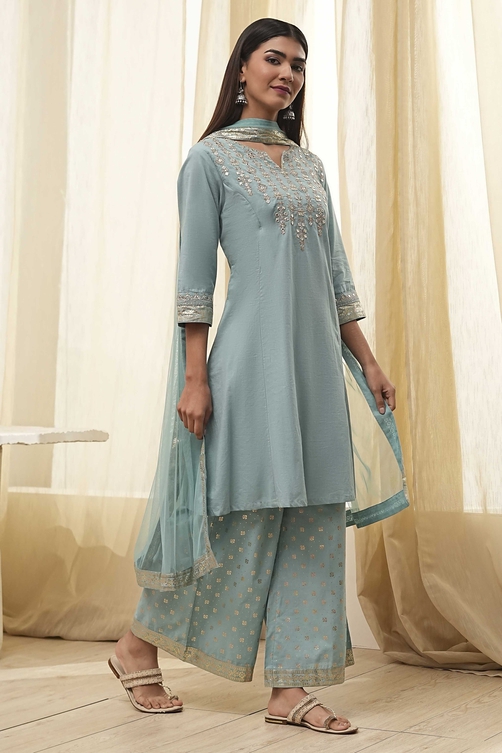 Dull Blue Cotton Embroidered Kalidar Suit Set image number 5