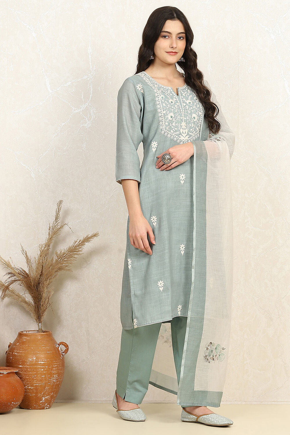 Teal Cotton Embroidered Unstitched Suit Set image number 6