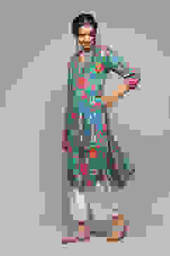 Teal LIVA Straight Printed Kurta image number 3