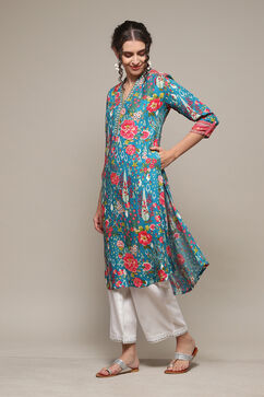 Teal Viscose Straight Printed Kurta image number 3
