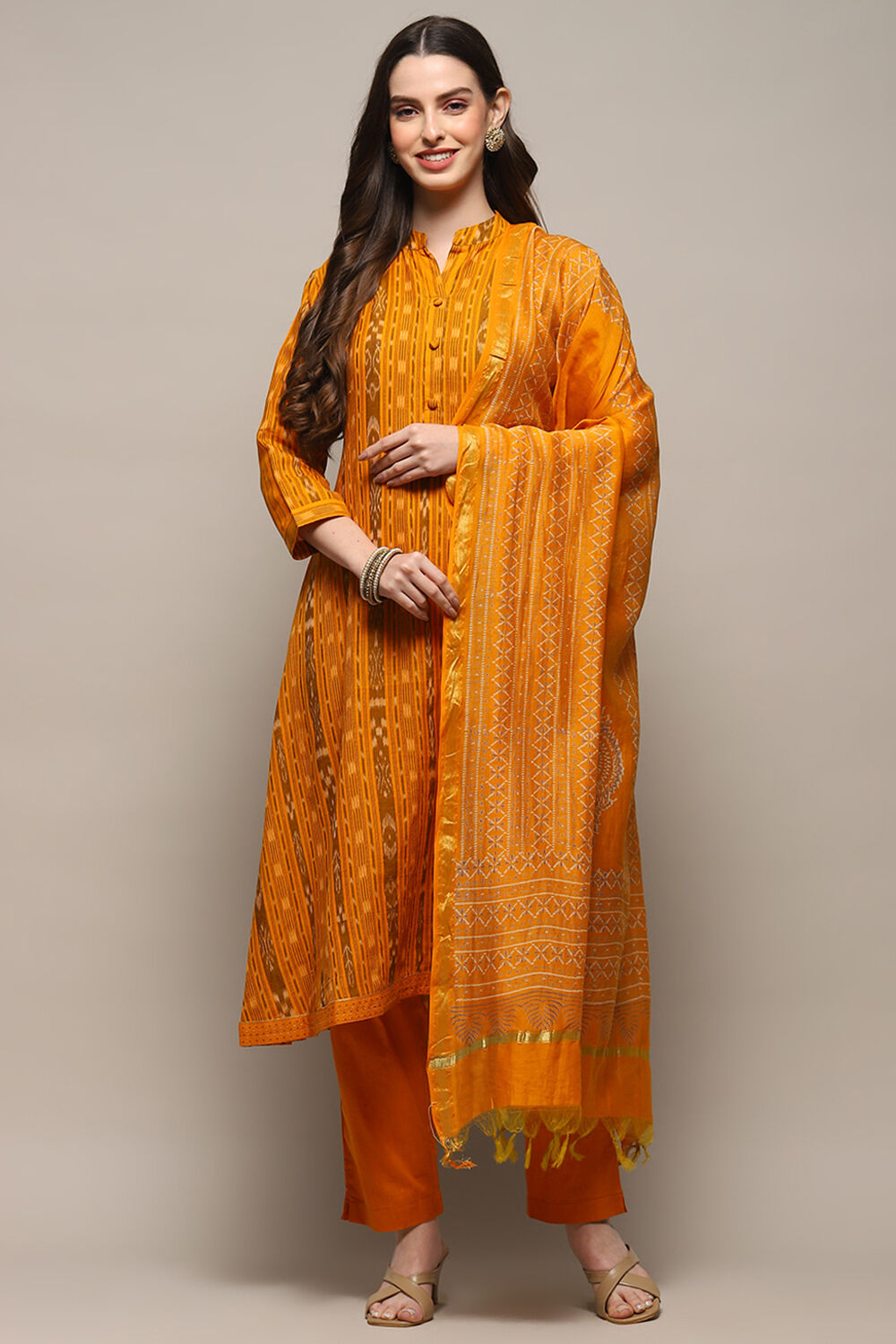 Orange Cotton Unstitched Suit set image number 8