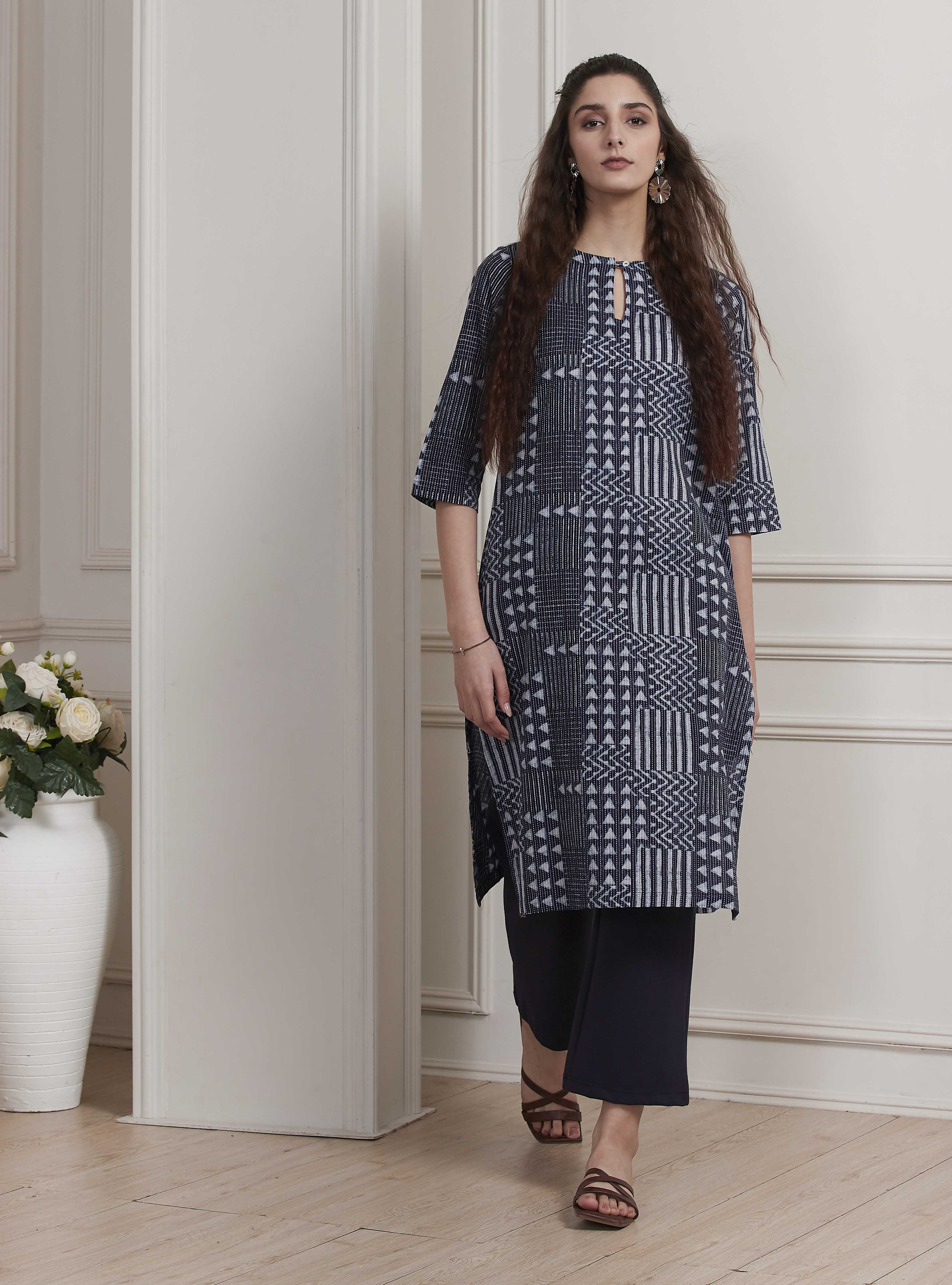 Blue Cotton Printed Straight Kurta image number 0