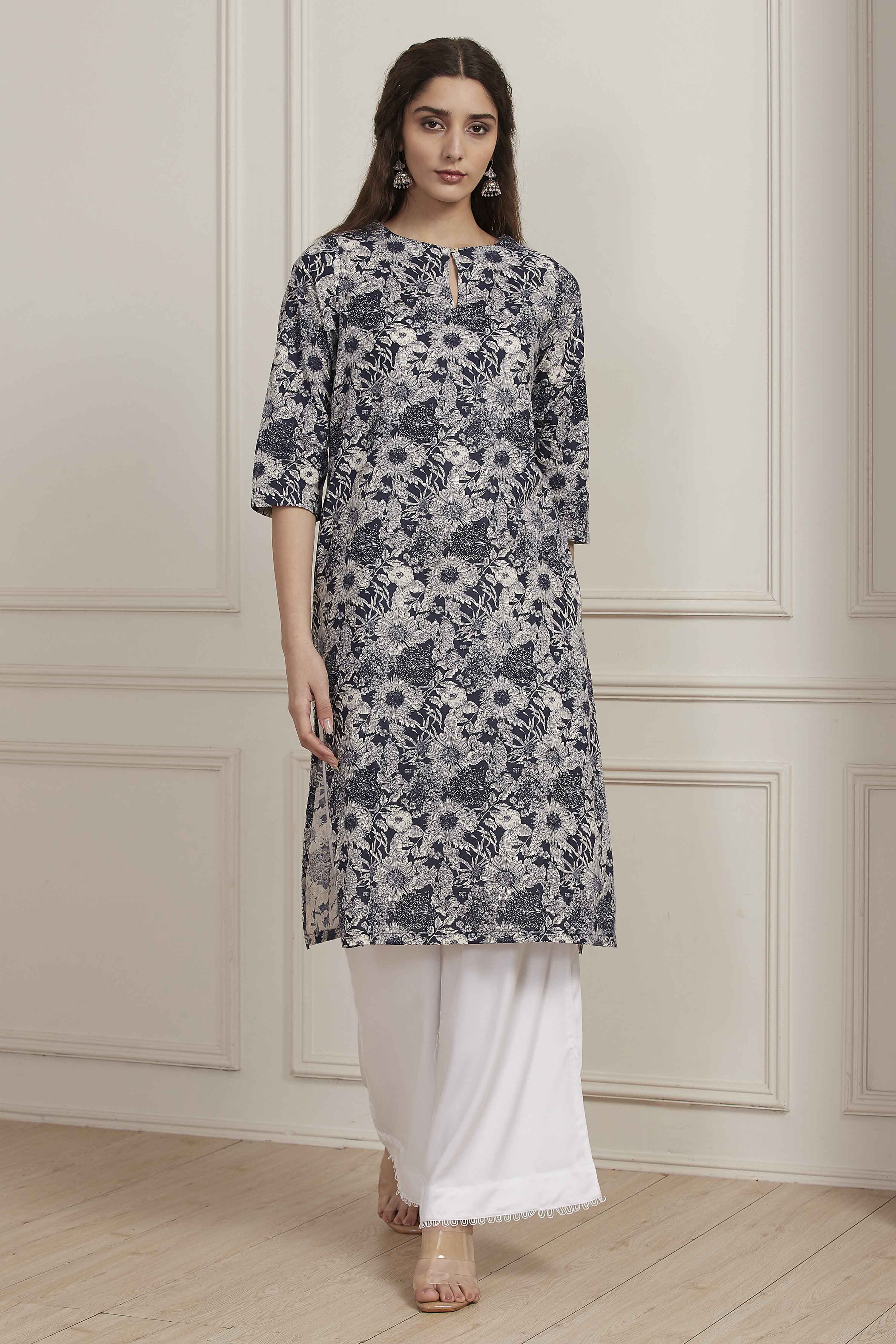 Blue Cotton Straight Kurta image number 5