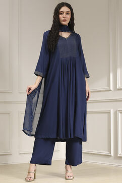Blue Solid Gathered Suit Set image number 6