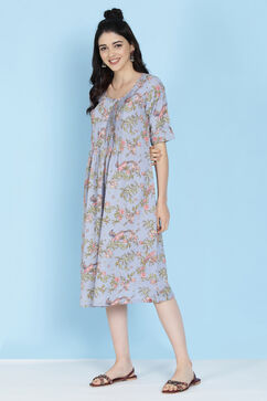 Sky Blue Cotton Flax A-line Printed Kurta Dress image number 4