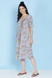 Sky Blue Cotton Flax A-line Printed Kurta Dress image number 4