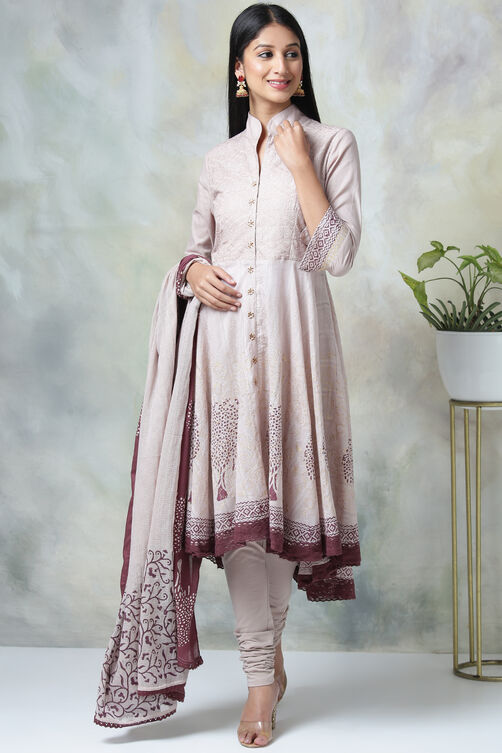 Light Purple Cotton Asymmetric Kurta Churidar Suit Set image number 5