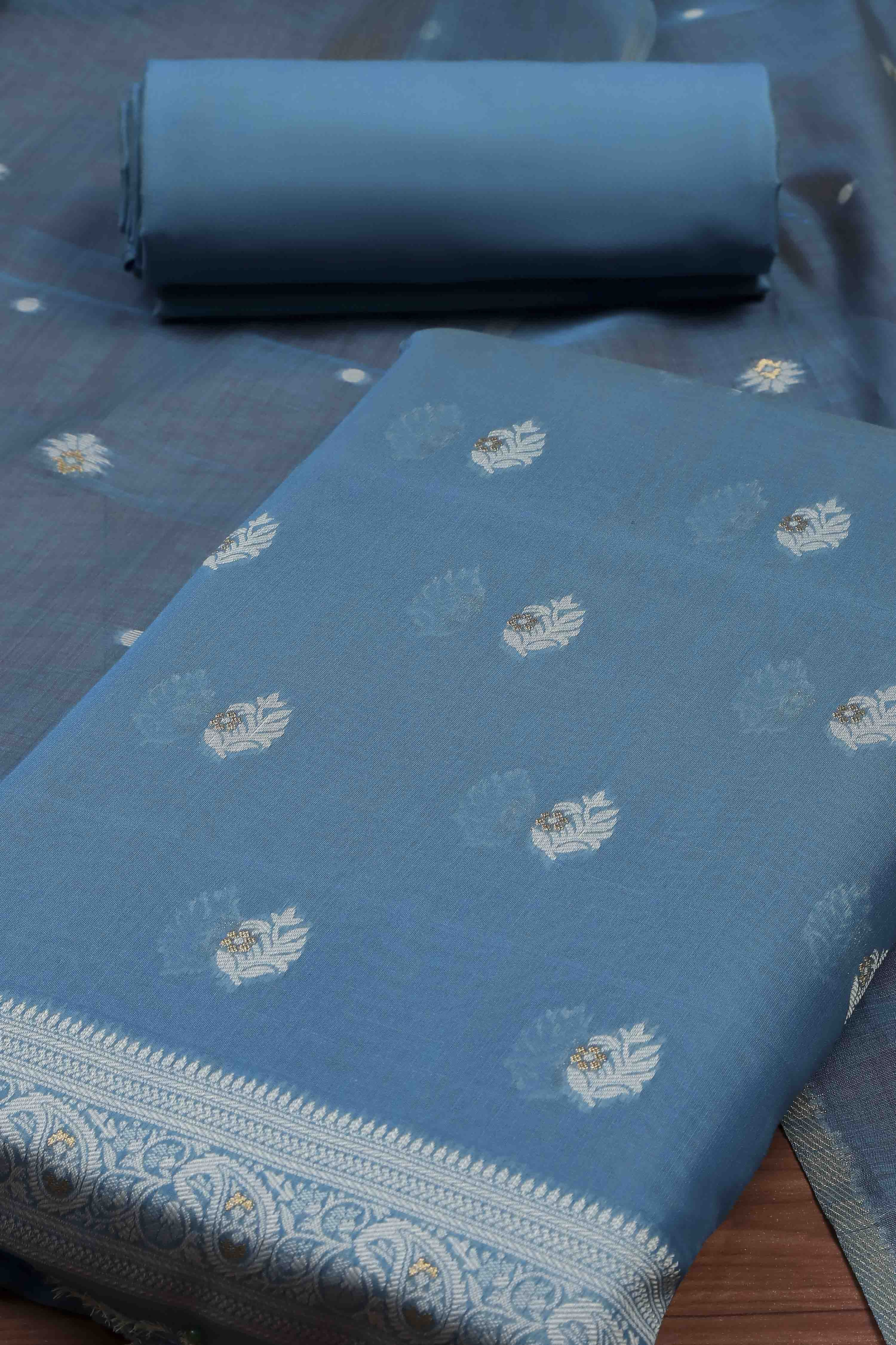 Blue Cotton Jamdani Unstitched Suit Set image number 1