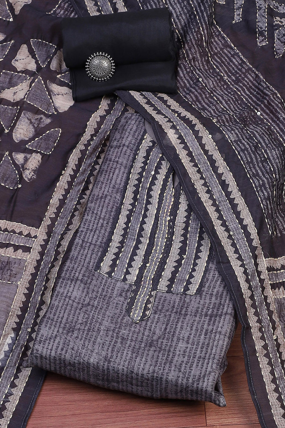 Grey Chanderi Blend Printed Unstitched Suit Set image number 0