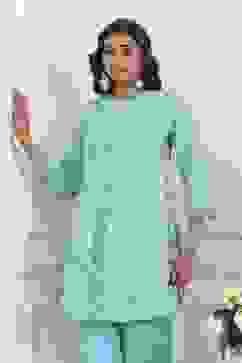 Turquoise Cotton Printed Kalidar Kurta Set image number 7