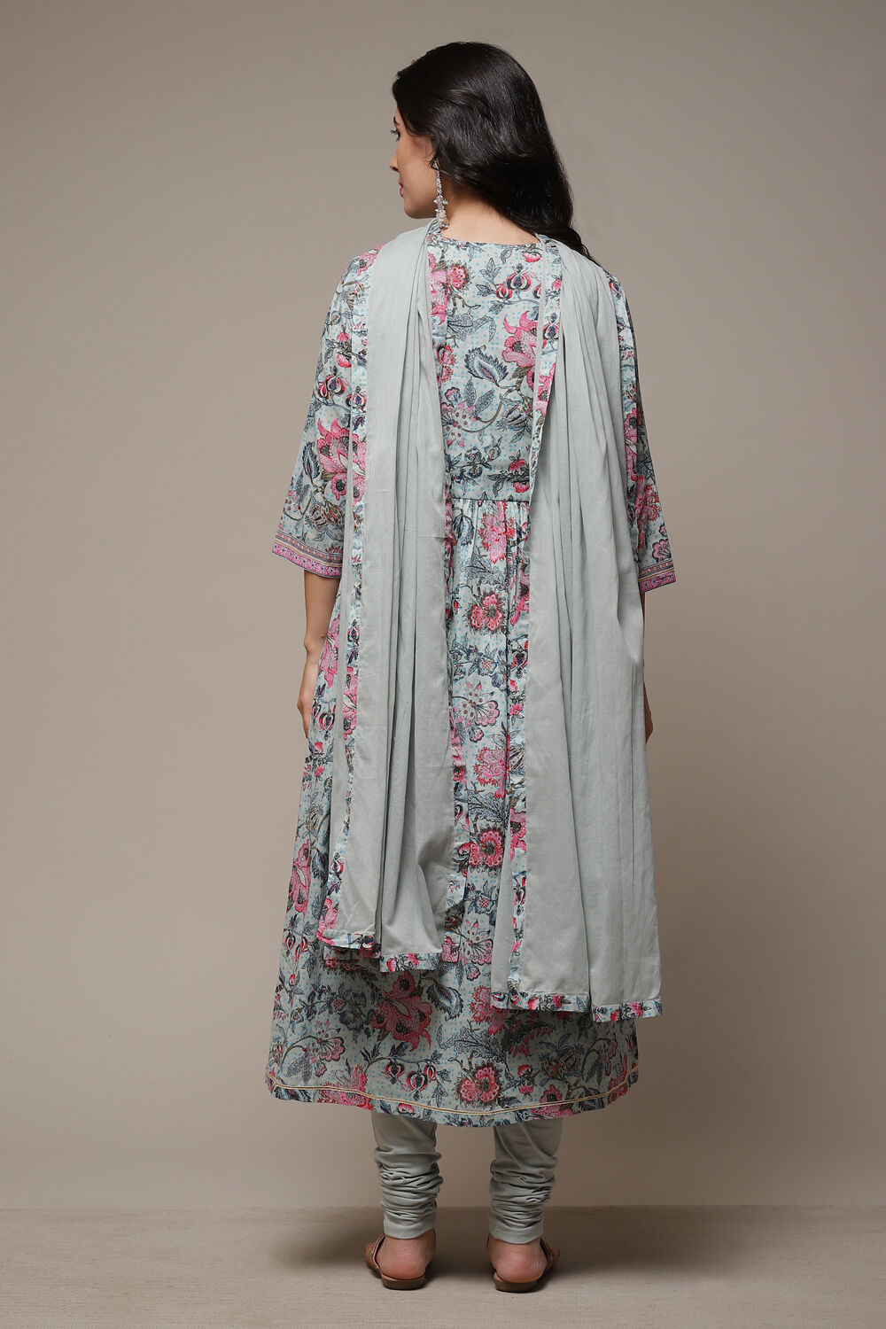 Dull Sea Blue Cotton Gathered Kurta Churidar Suit Set image number 2