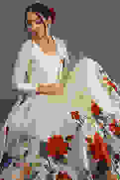 Rohit Bal Off-White Silk Chanderi Floral Anarkali Suit Set image number 0