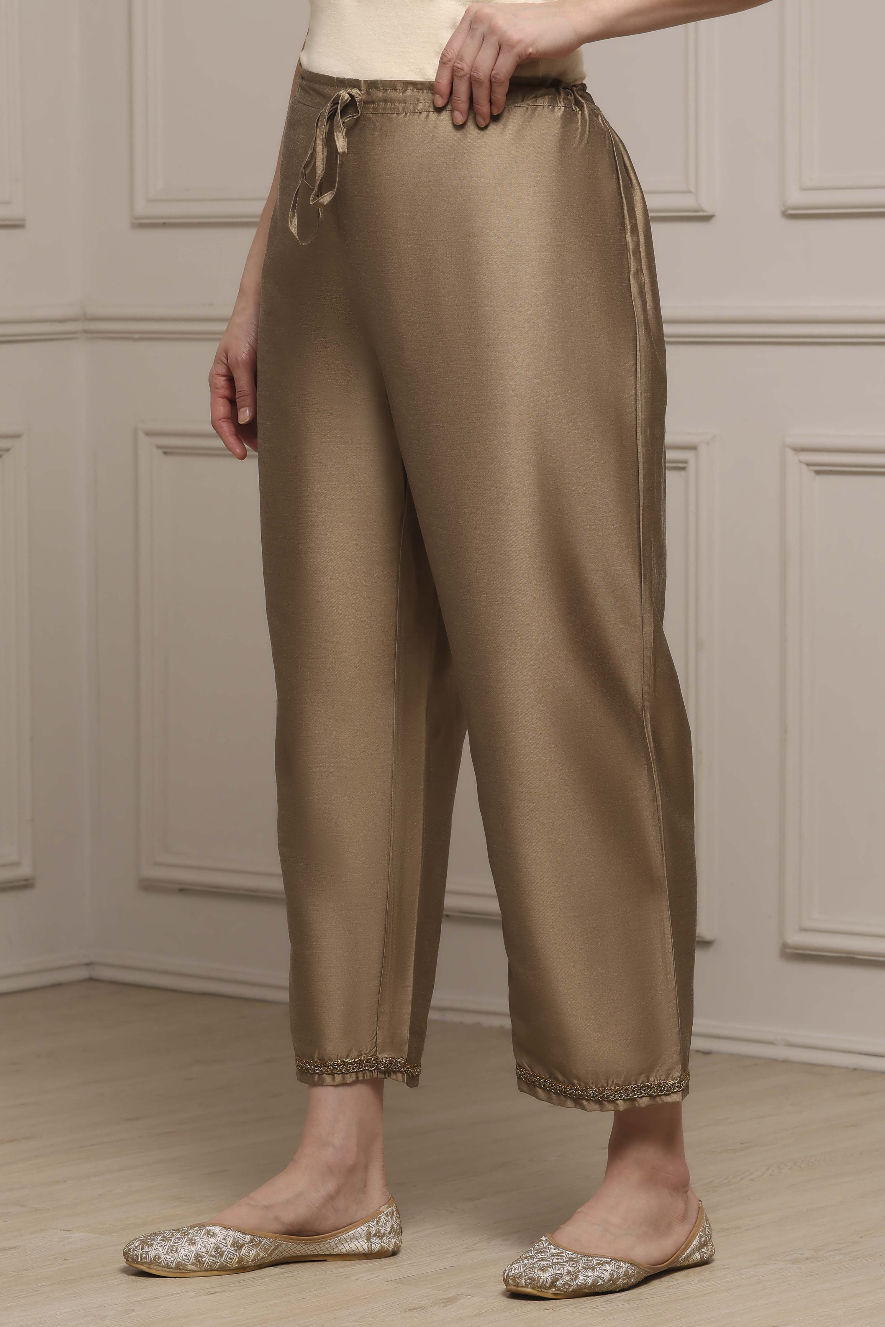 Antique Gold Polyester Straight Palazzos image number 2