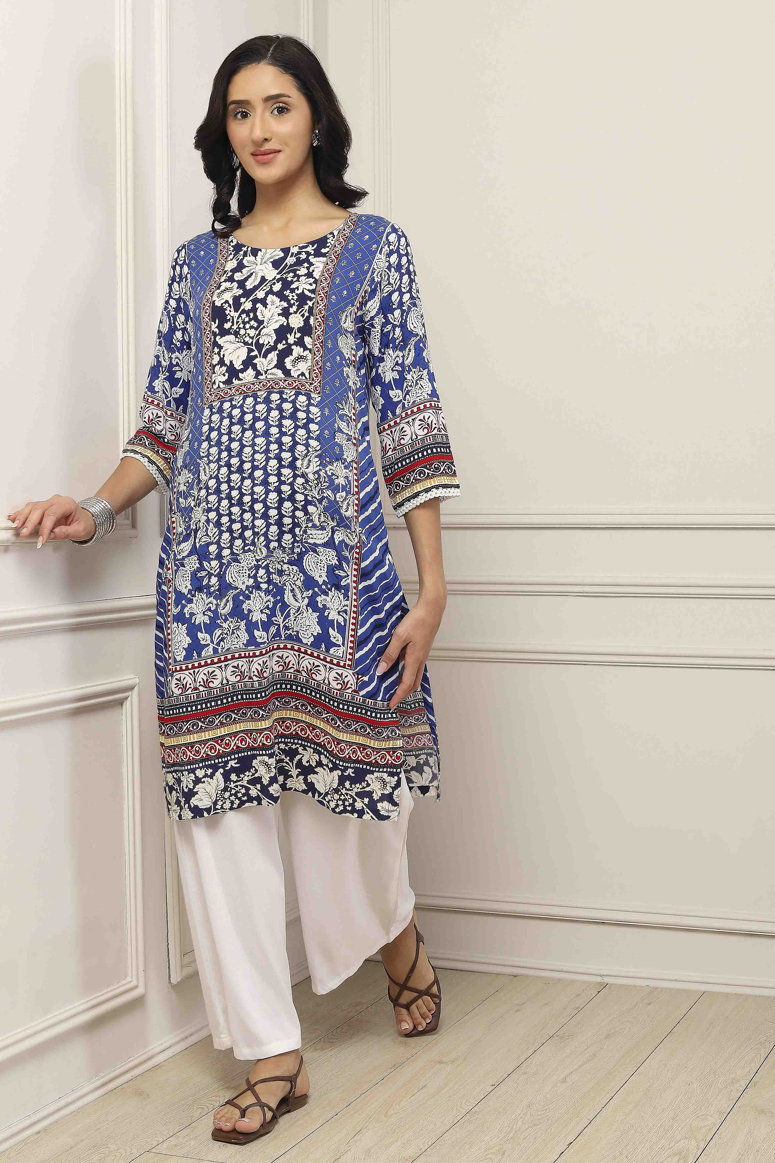 Blue Viscose Rayon Floral Printed Straight Kurta image number 0