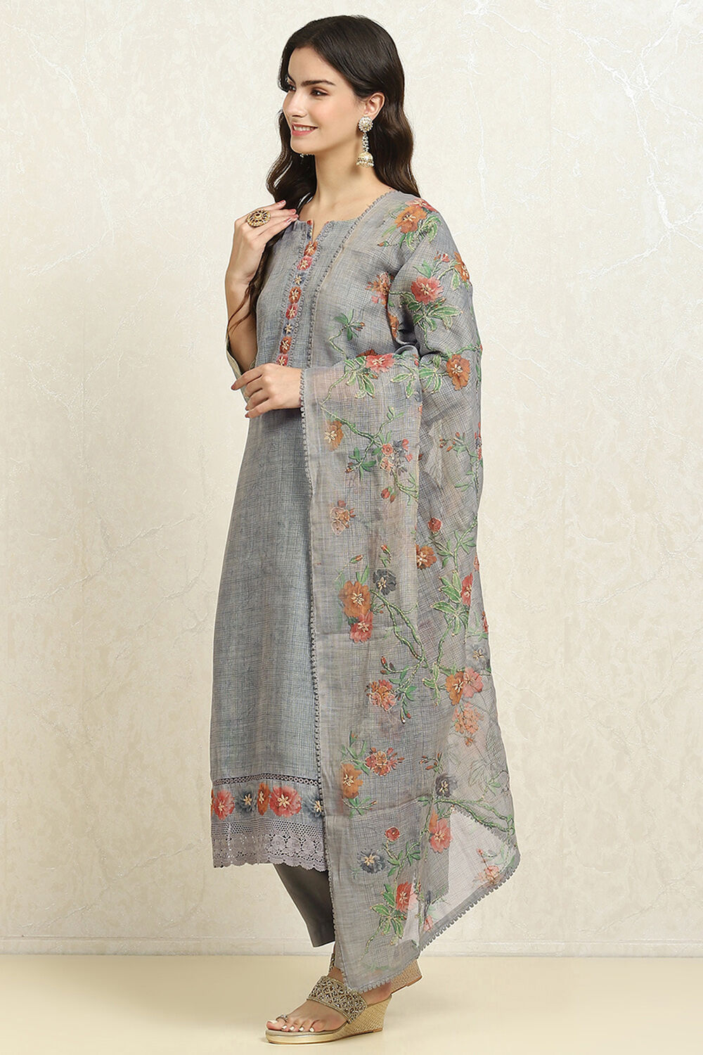 Grey Linen Blend Printed  Embroidered Unstitched Suit Set image number 4