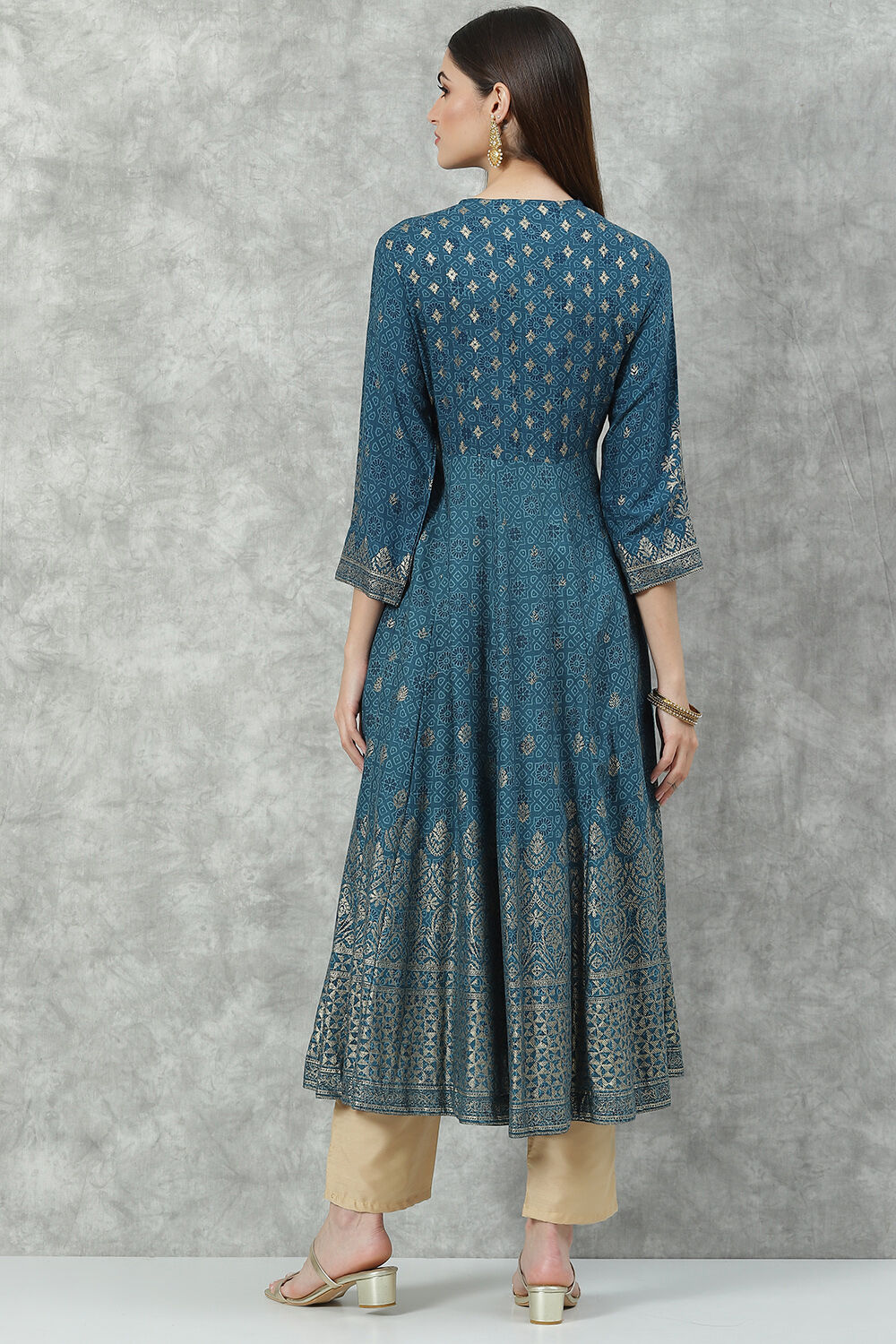 Brown Rayon Flared Printed Kurta image number 4