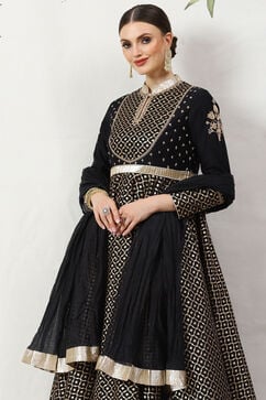 Rohit Bal Black Cotton Silk Anarkali Yarndyed Suit Set image number 9