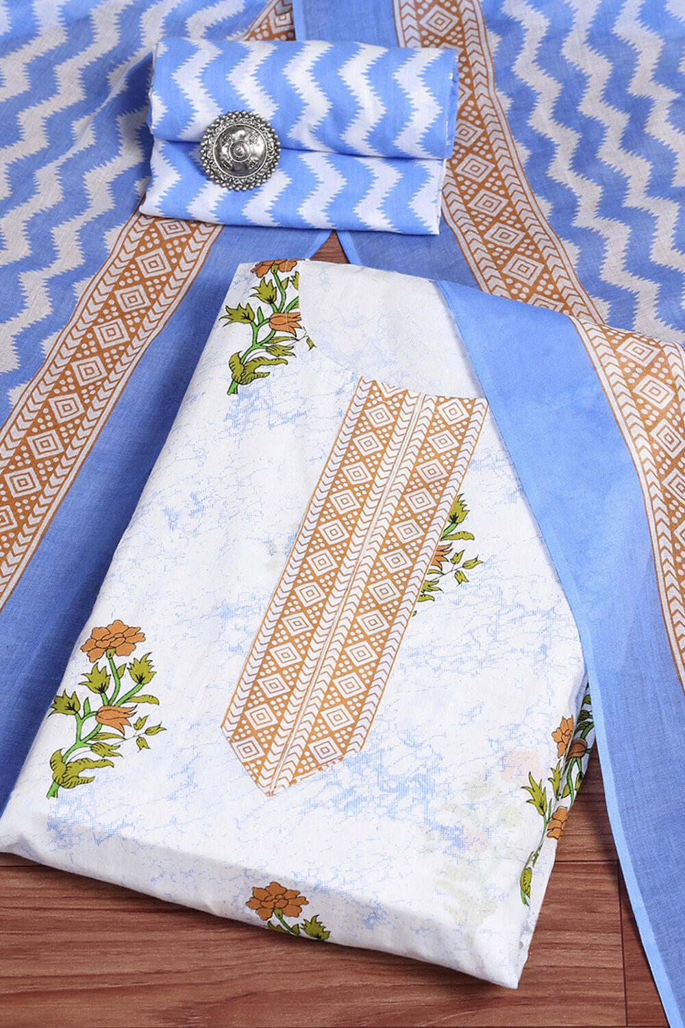 Pink Cotton Screen Print Unstitched Suit Set image number 0