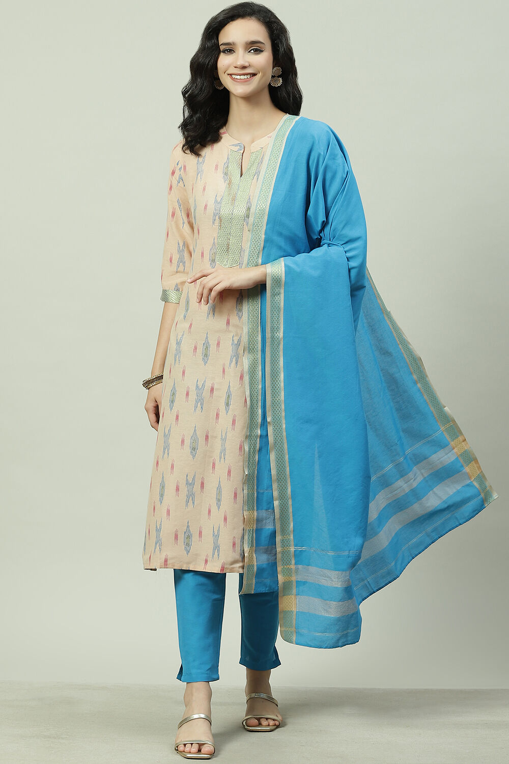 Blue Cotton Unstitched Suit Set image number 0