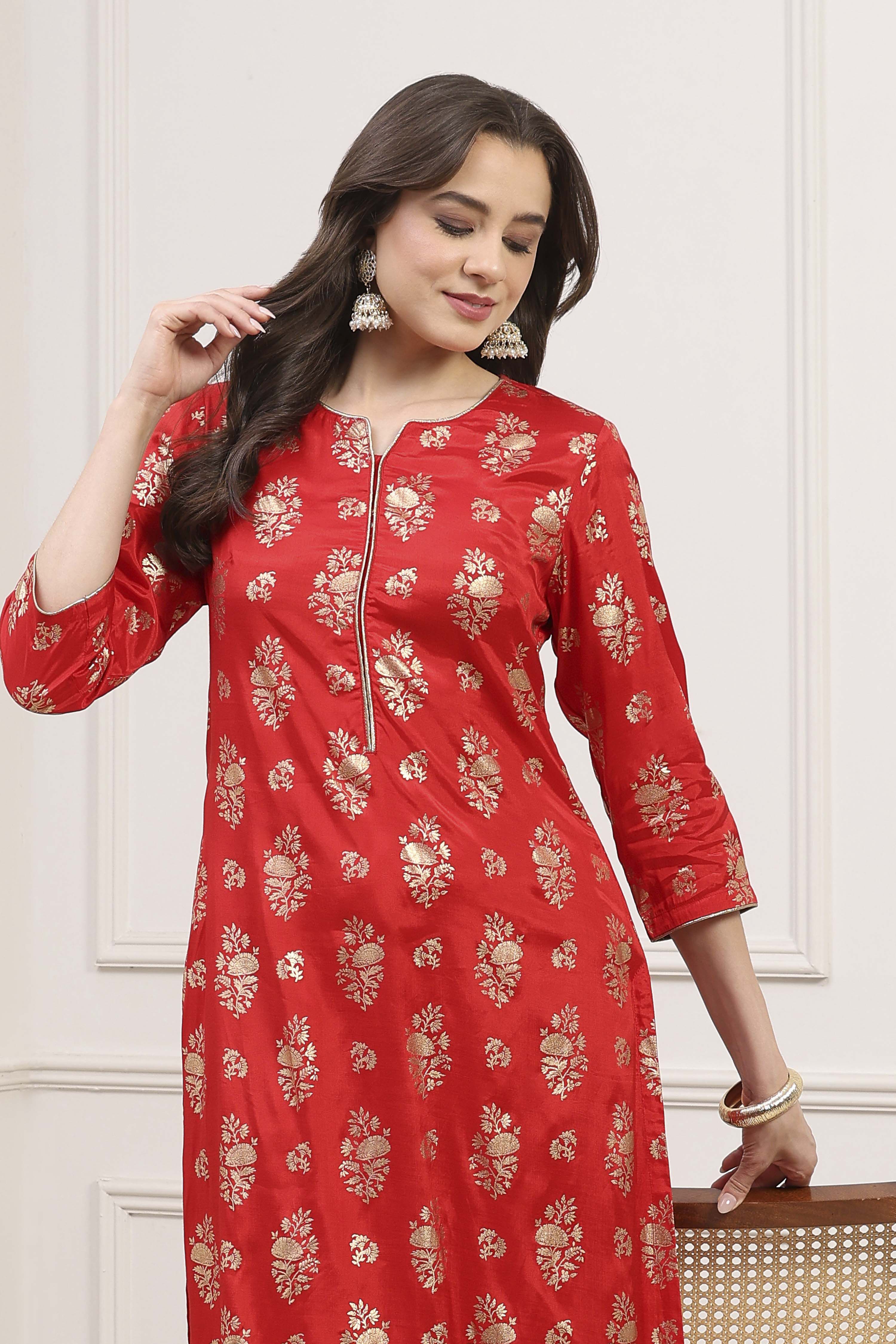 Red Viscose Rayon Printed Straight Kurta image number 6