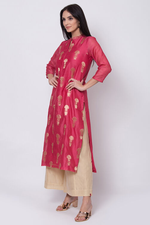 Magenta Poly Metallic Cotton Straight Yarndyed Kurta image number 2