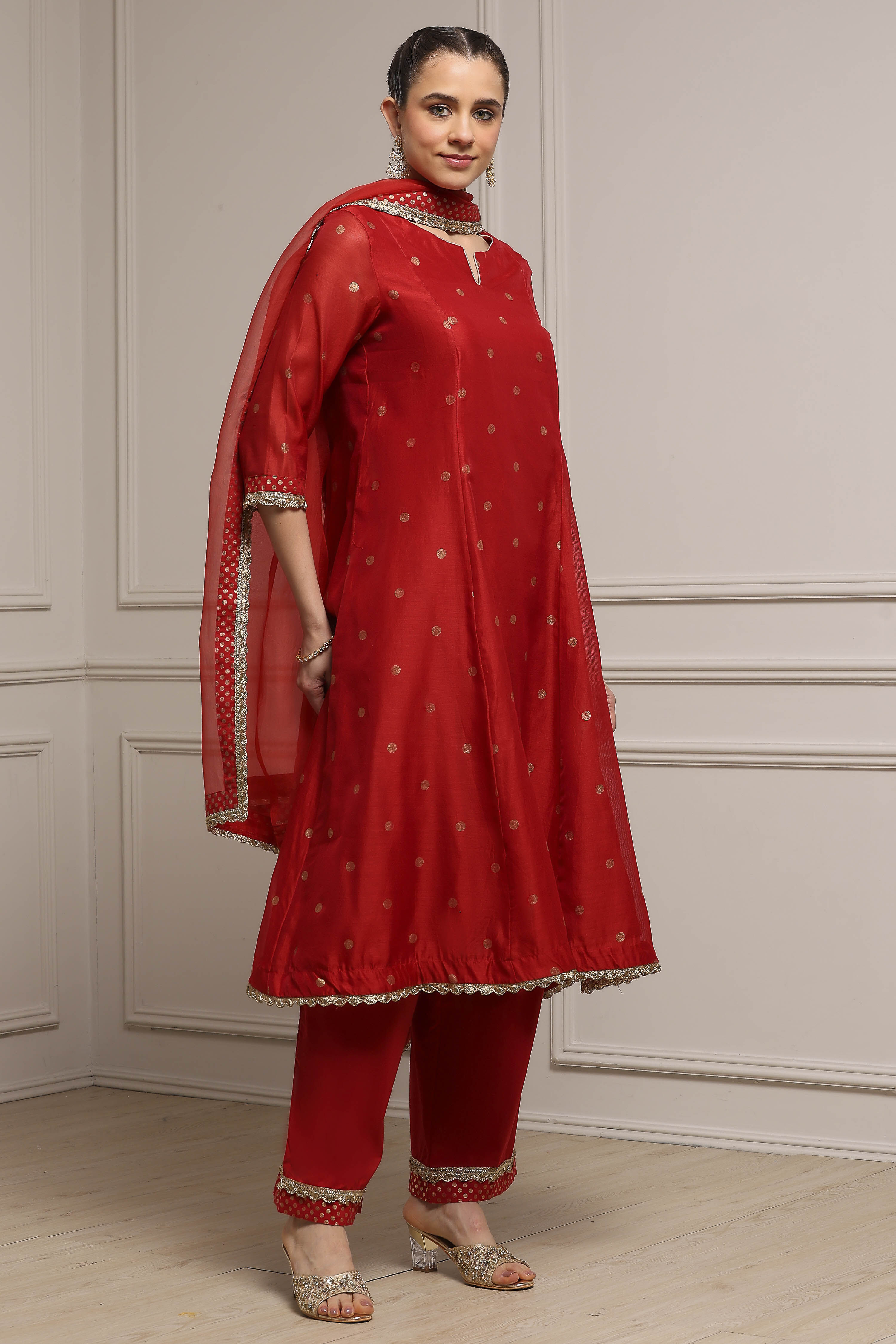 Red Polyester Kalidar Printed Suit Set image number 5