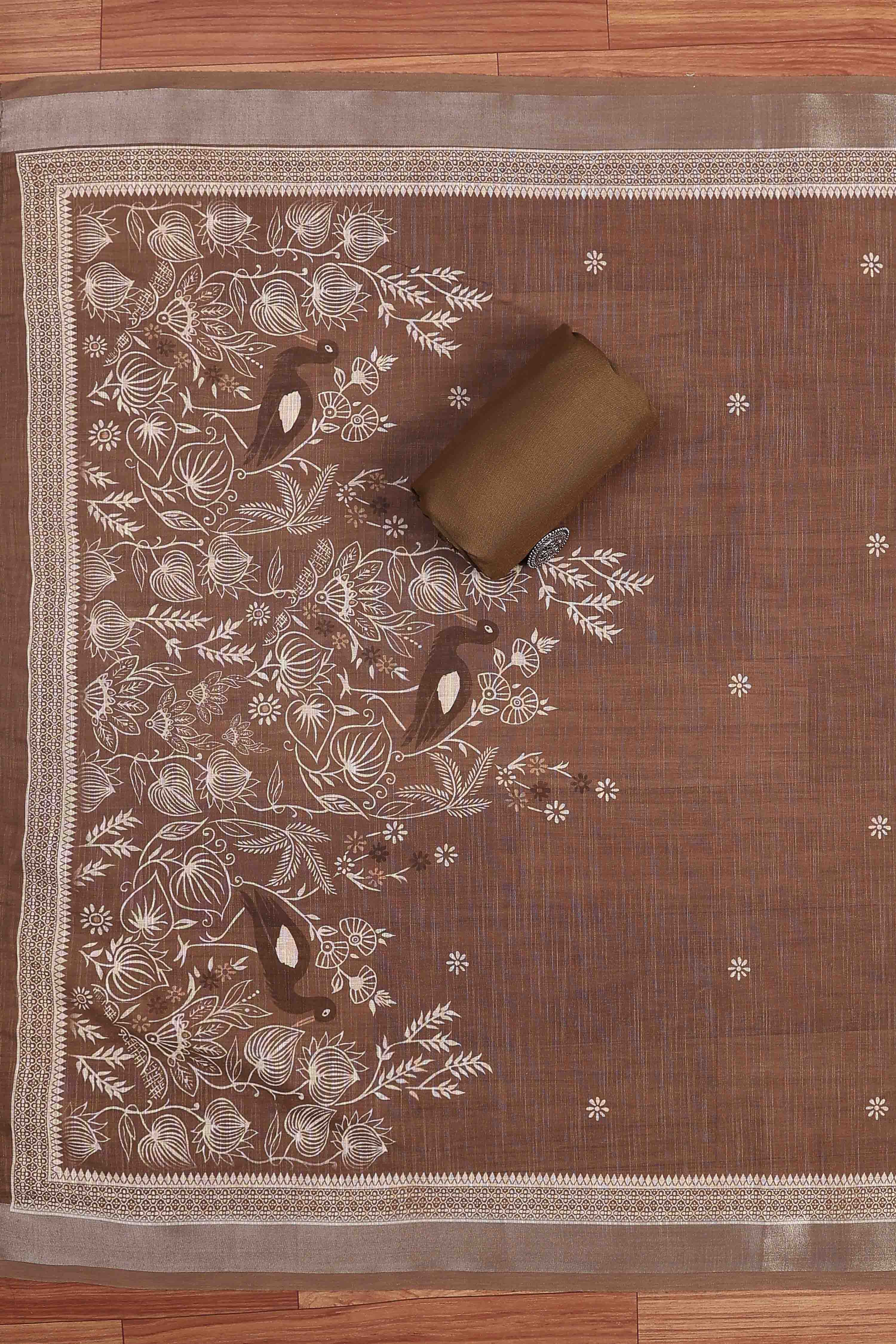 Dark Beige Linen Embroidered Unstitched Suit Set image number 3