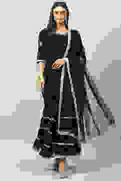 Black Cotton Blend Straight Kurta Garara Suit Set image number 0