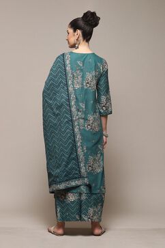 Dark Green Cotton Straight Kurta Palazzo Suit Set image number 4