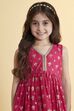 Pink Cotton Printed Gathered Kurta Pants Set image number 1