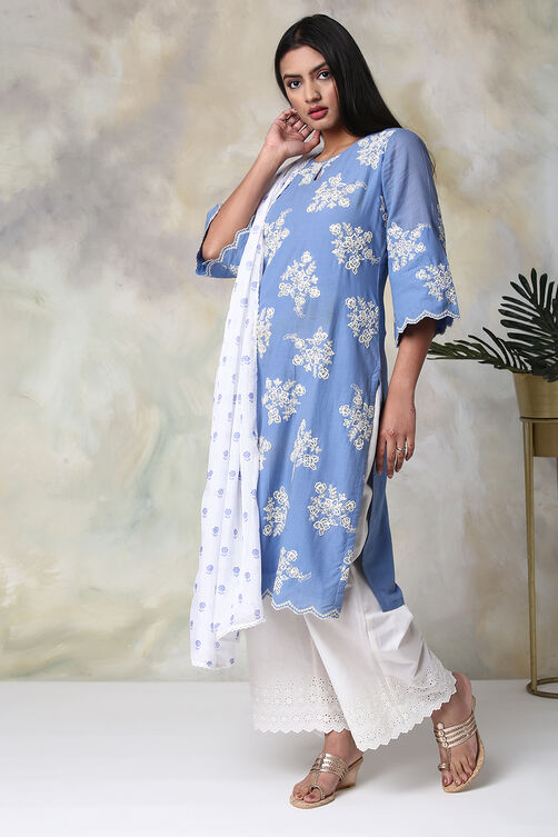 Blue Cotton Straight Kurta Palazzo Suit Set image number 4