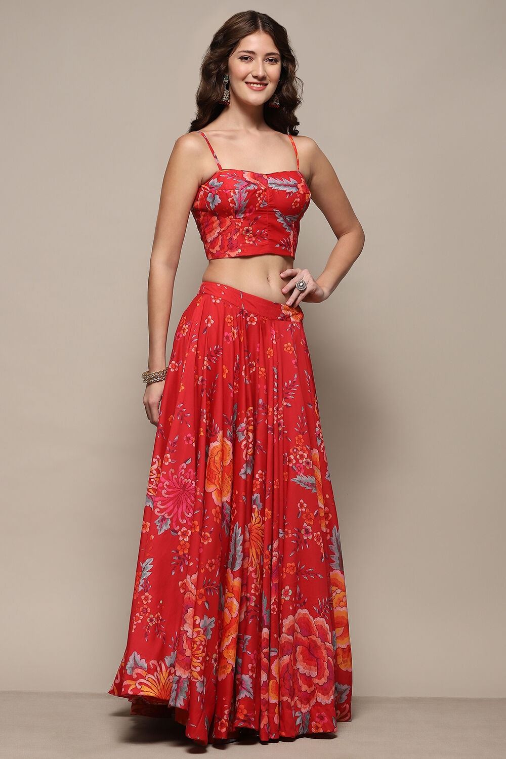 Red Floral Printed Flared Lehenga Set with Jacket image number 6