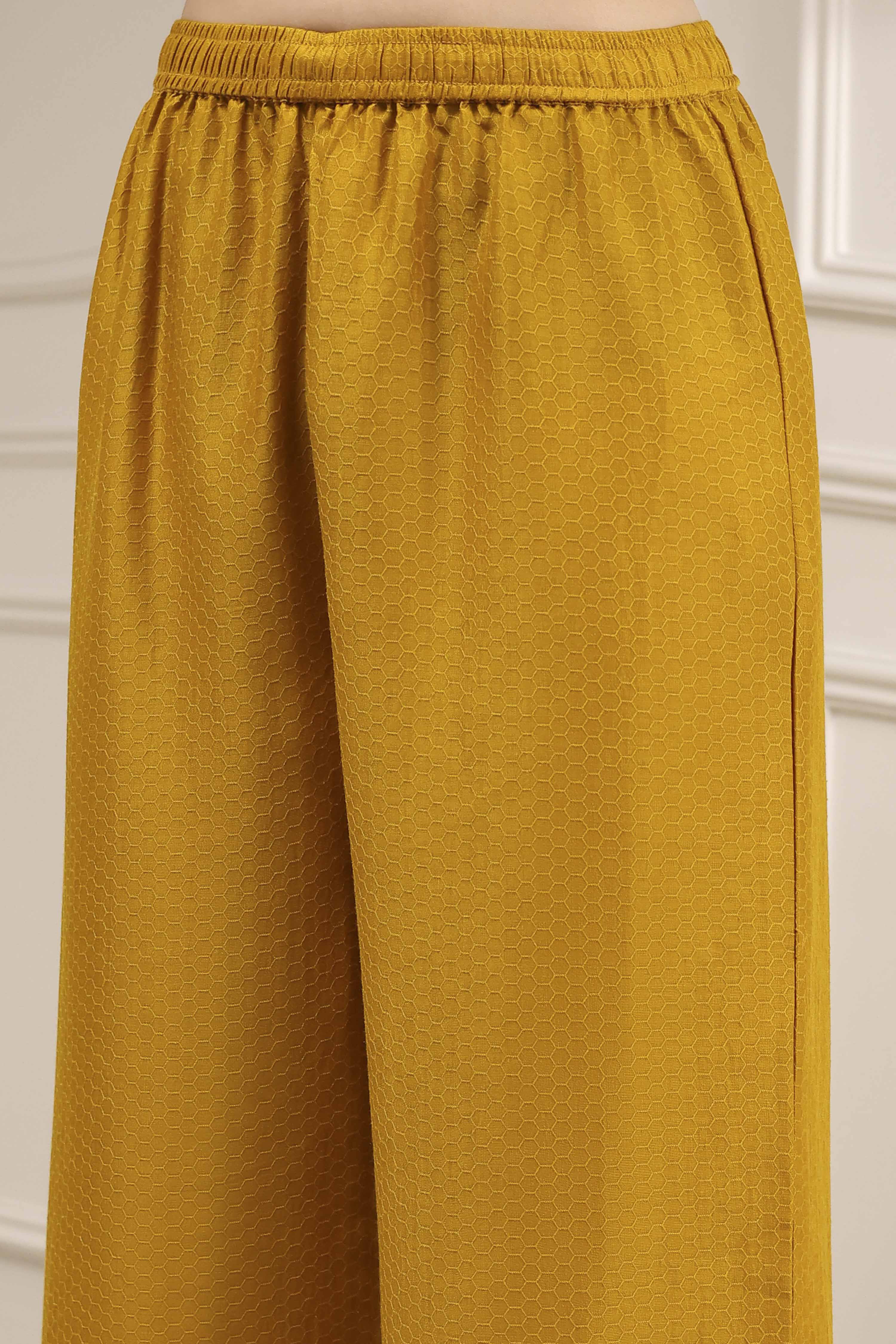 Ochre Yellow Polyester A-Line Dyed Kurta Pants Set image number 2