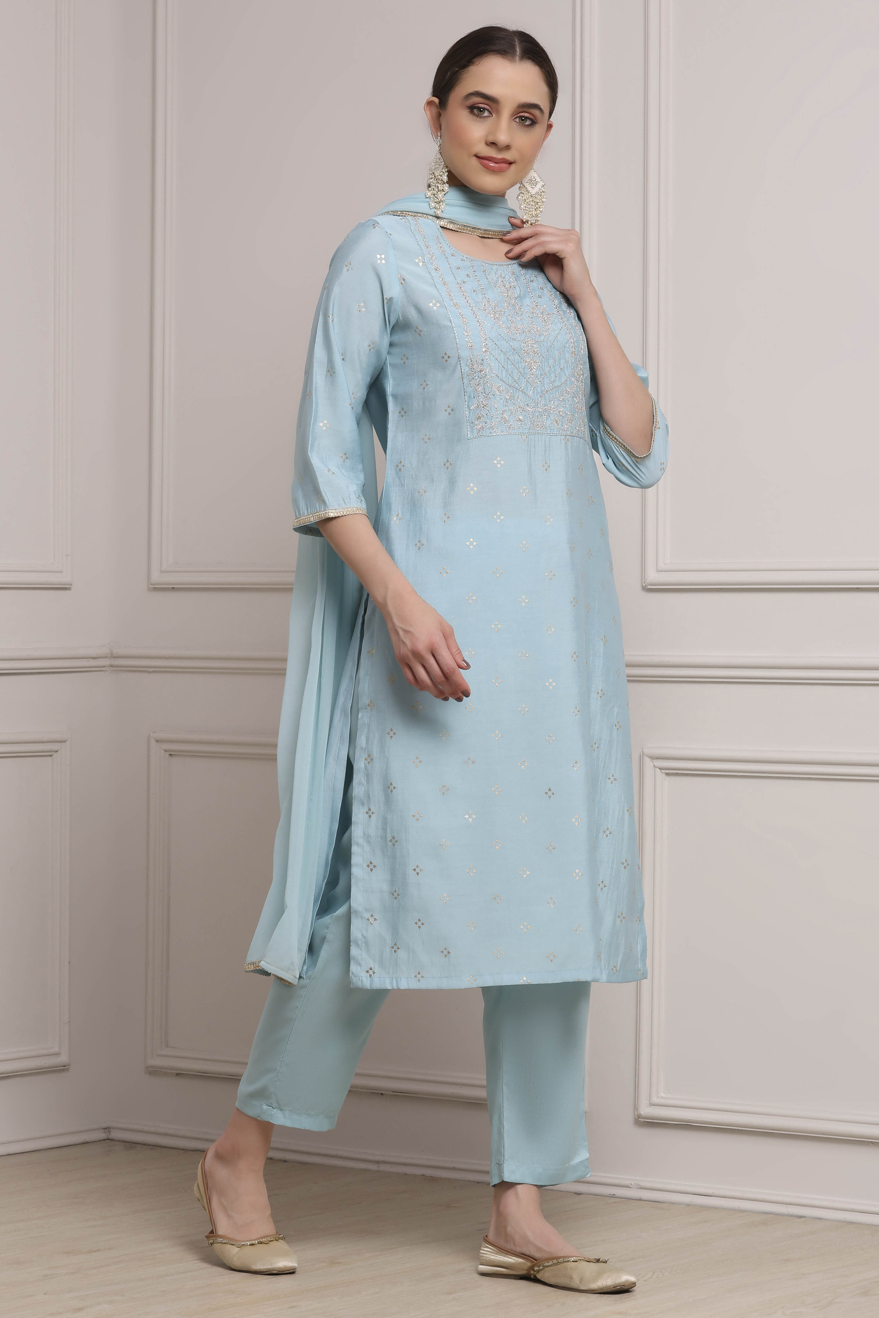 Aqua Viscose Blend Printed Straight Suit Set image number 6