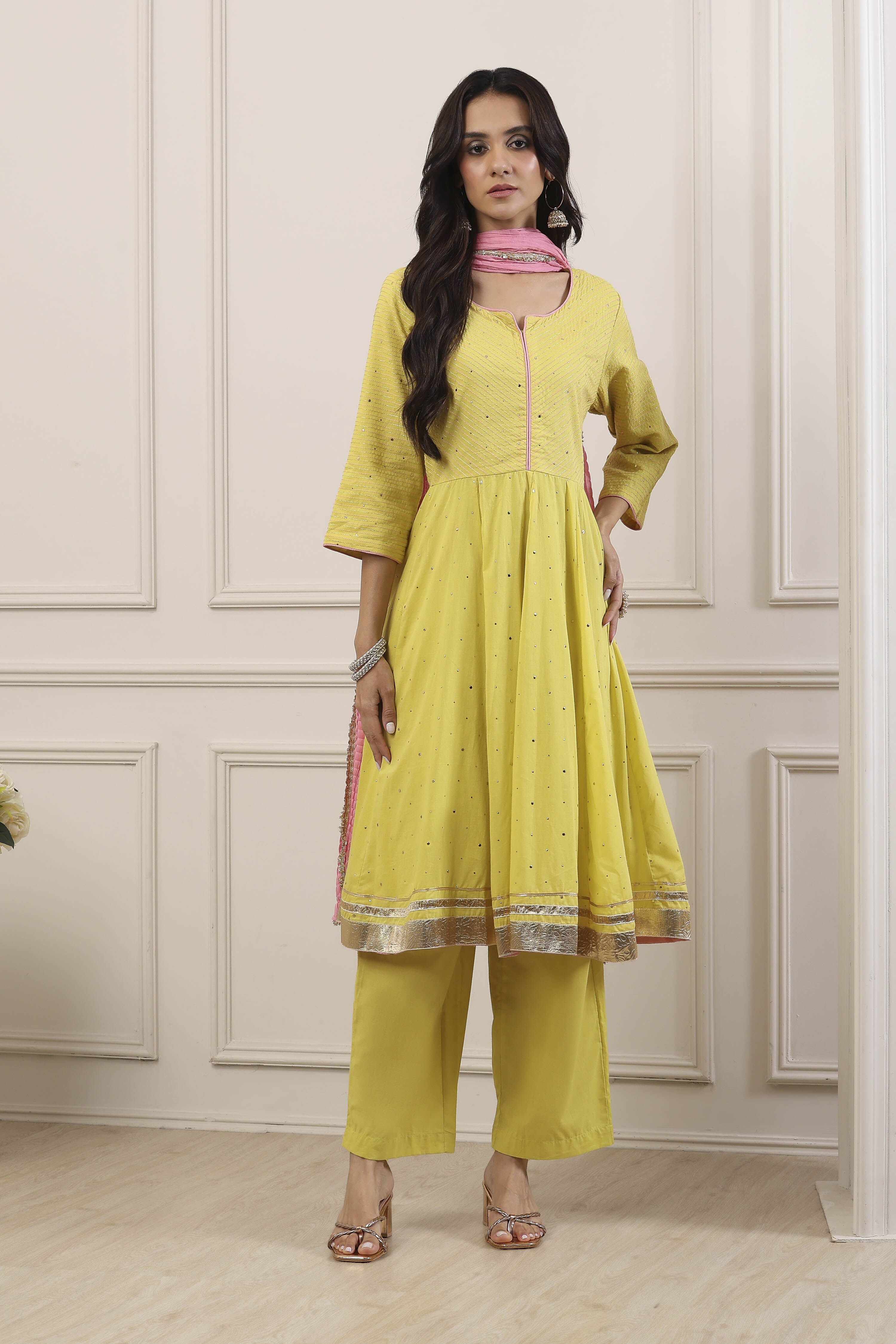 Yellow Cotton Anarkali Suit Set image number 7
