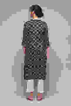 Navy LIVA Straight Printed Kurta image number 4