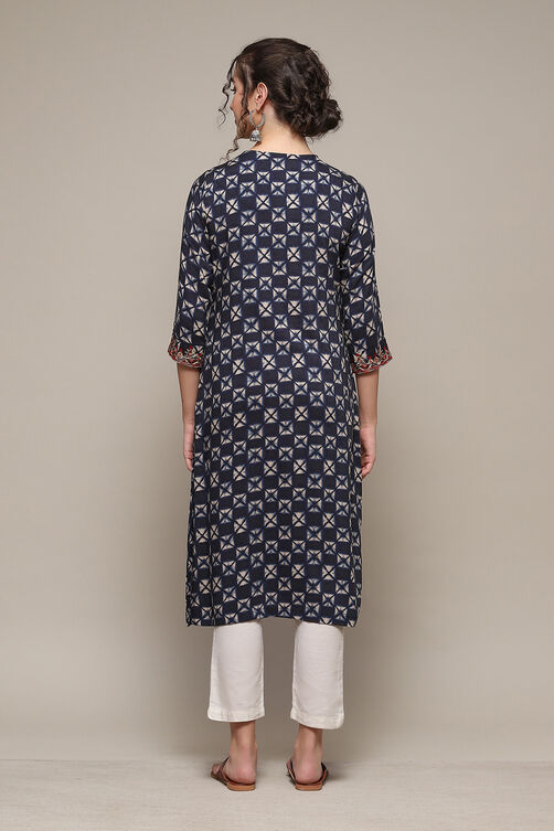 Navy LIVA Straight Printed Kurta image number 4