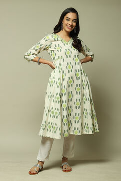 Off-White & Green Cotton IKAT Flared Yarndyed Kurta image number 0