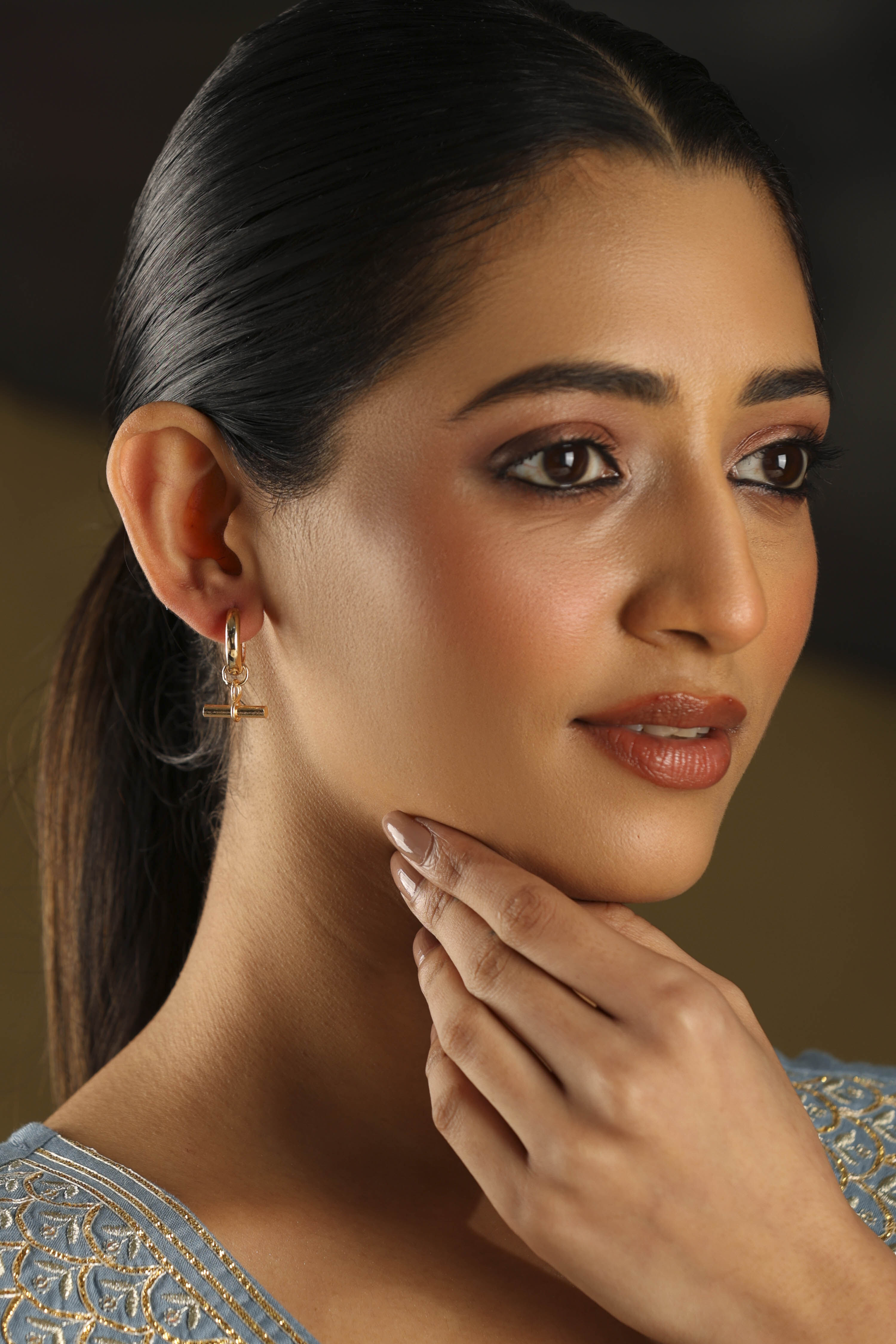 Gold Plated Brass T-Bar Hoop Drop Earrings image number 3