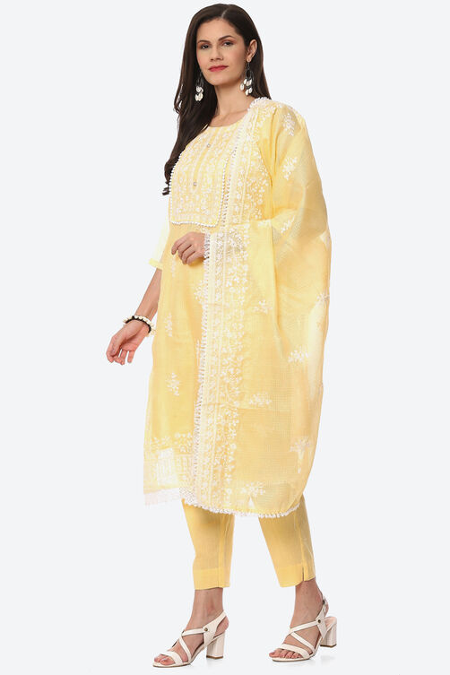 Pastel Yellow Cotton Blend Unstitched Suit Set image number 6